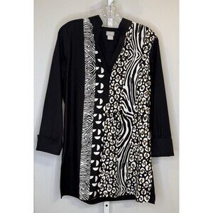 Chico’s No-Iron Tunic Top 1 (8 M) Black Animal Print Mix Zebra Leopard Stretch